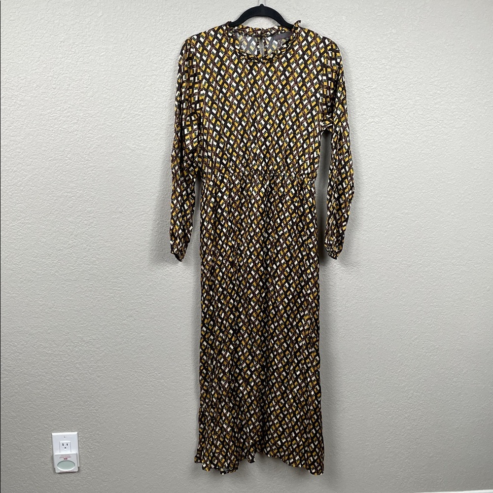 NWT Lola Italy Silk Blend Long Sleeve Geometric Midi Dress Bohemian Sz L - Picture 2 of 11